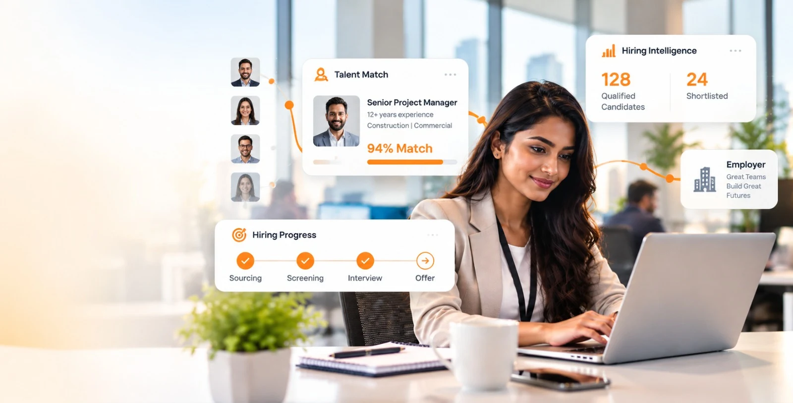 Recruiter working on a laptop beside hiring technology dashboards: candidate profiles, talent match, hiring intelligence and hiring progress