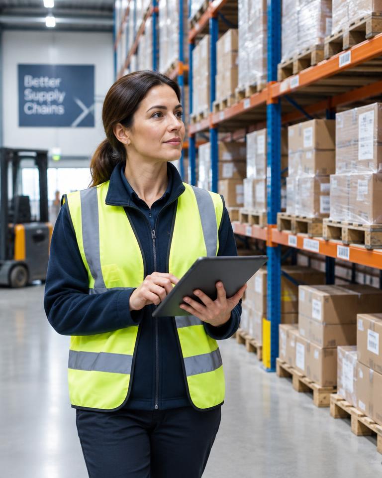 Logistics manager with a tablet in a warehouse